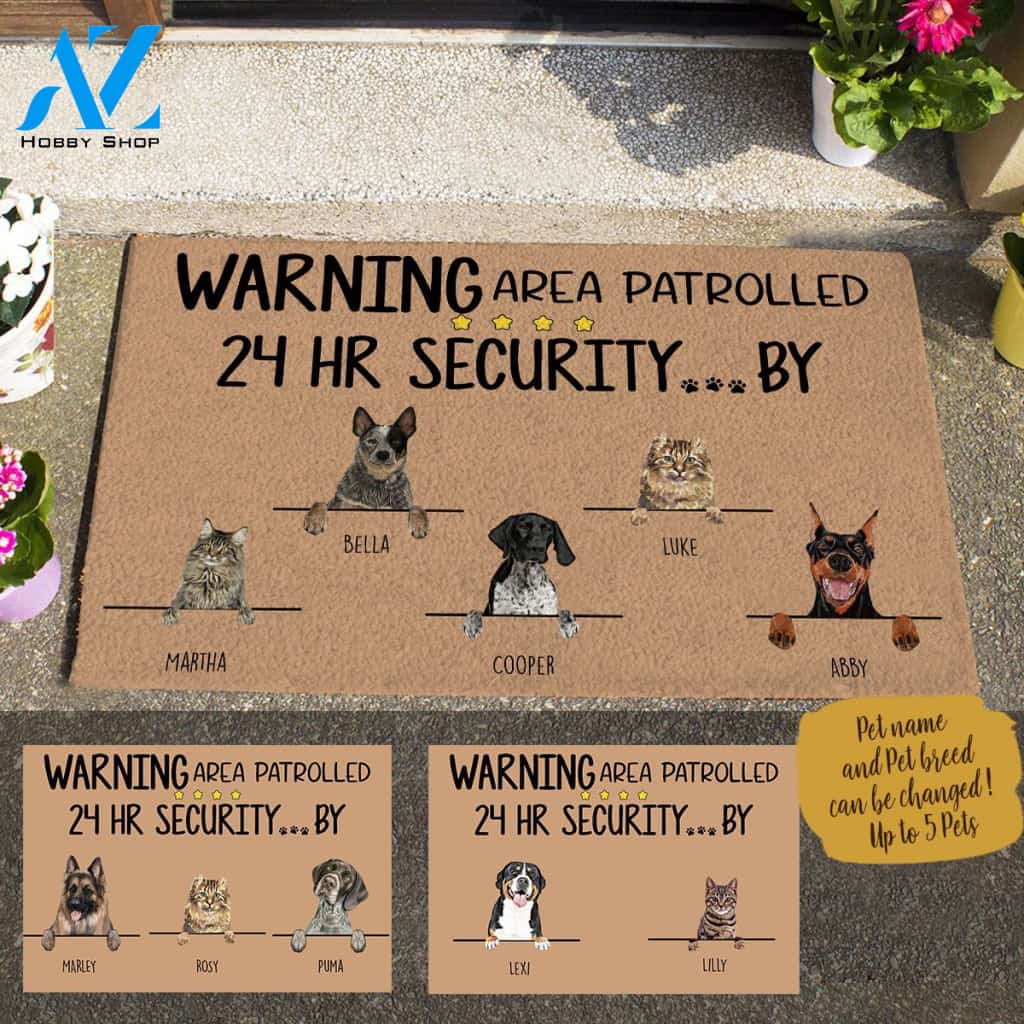 Painting Dog And Cat , Warning Area Patrolled 24HR Security By The Dog And Cat Personalized Doormat HQ