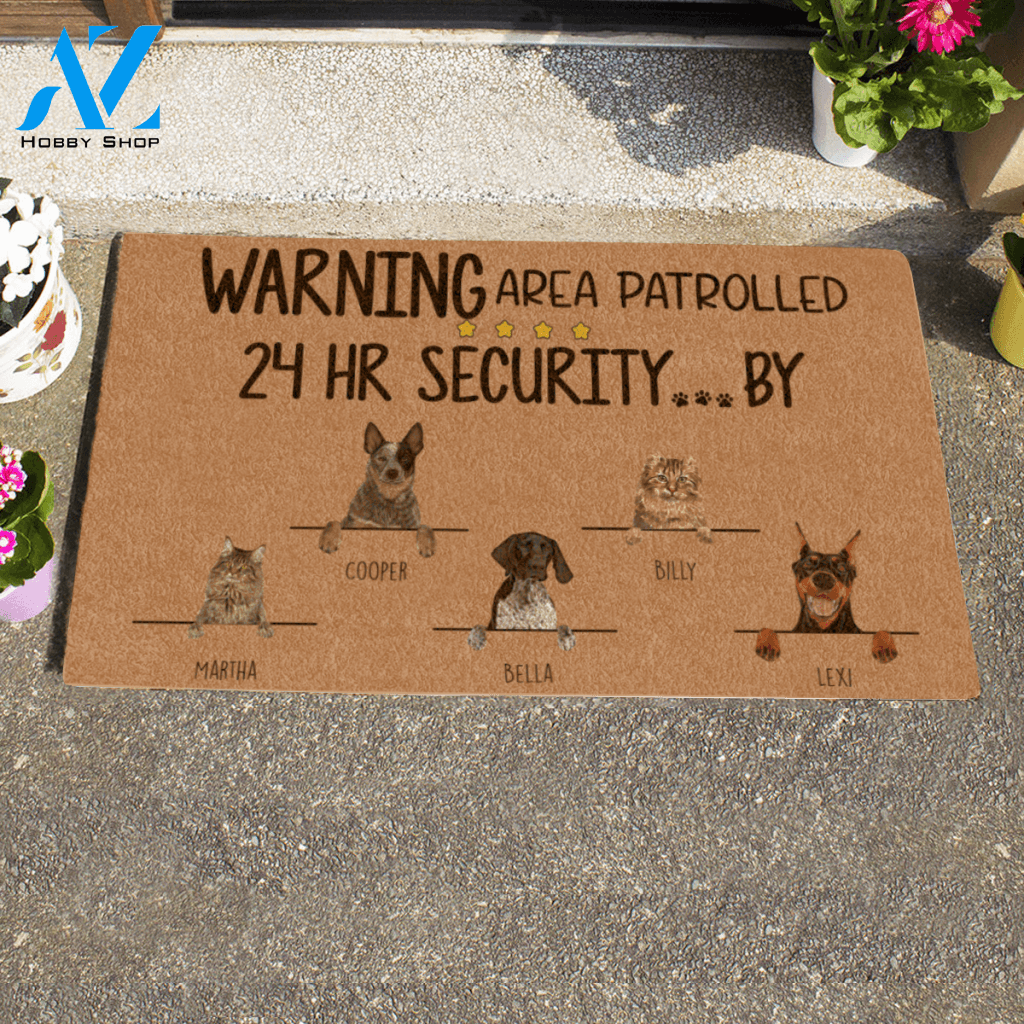 Painting Dog And Cat , Warning Area Patrolled 24HR Security By The Dog And Cat Personalized Doormat HQ