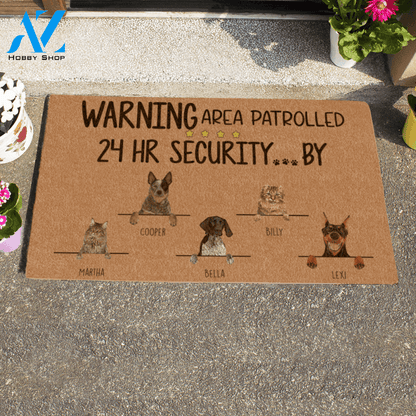 Painting Dog And Cat , Warning Area Patrolled 24HR Security By The Dog And Cat Personalized Doormat HQ