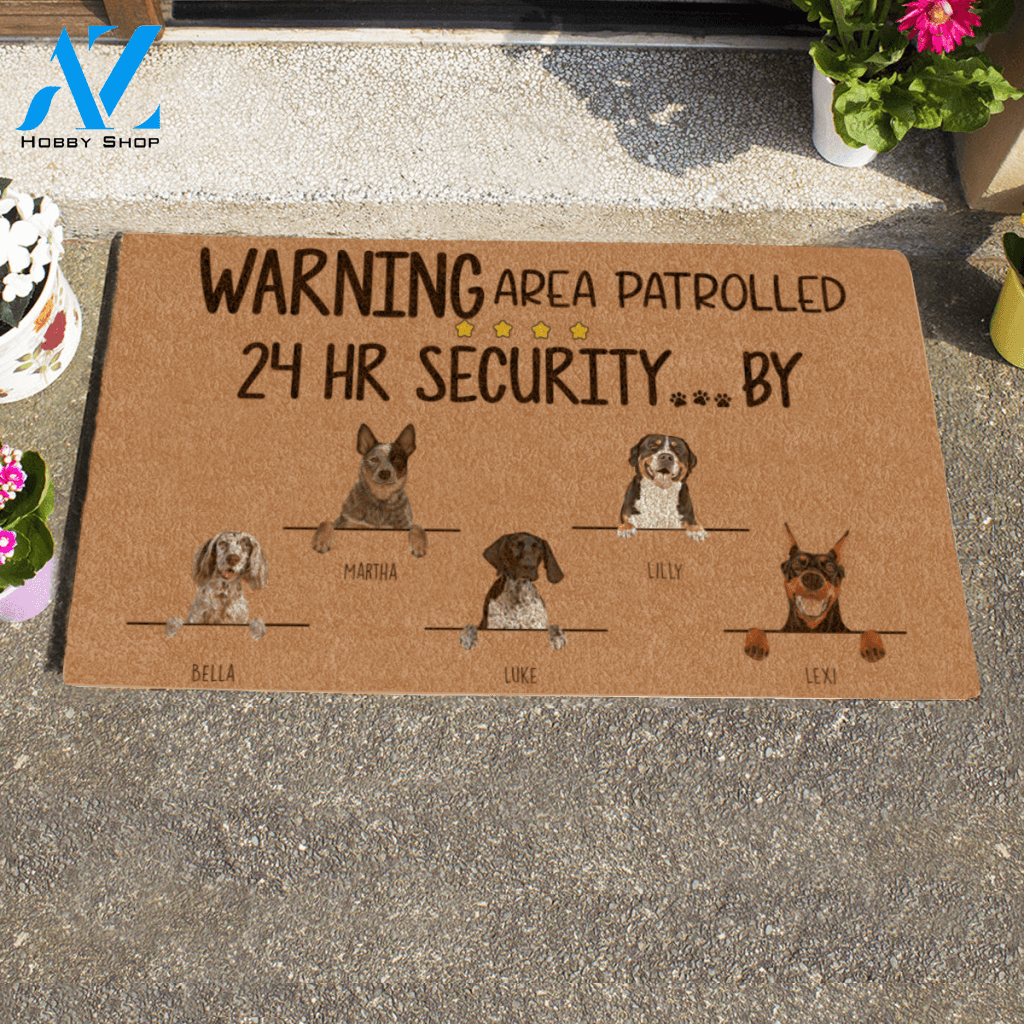 Painting Dog, Warning Area Patrolled 24HR Security By ... Personalized Doormat HQ