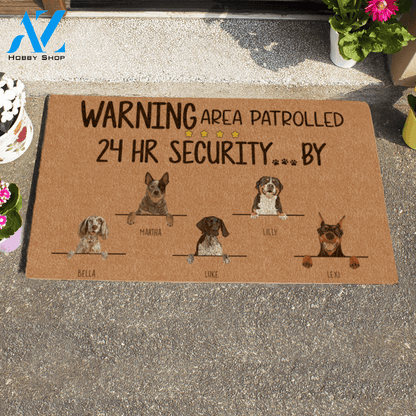 Painting Dog, Warning Area Patrolled 24HR Security By ... Personalized Doormat HQ
