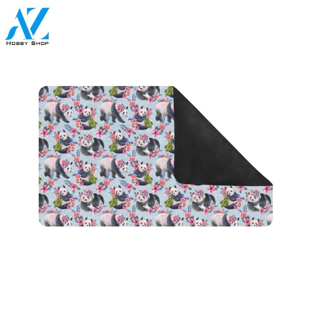 Panda Bear Flower Design Themed Print Rubber Doormat