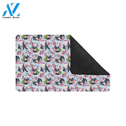 Panda Bear Flower Design Themed Print Rubber Doormat