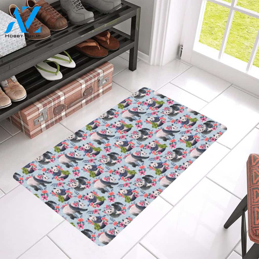Panda Bear Flower Design Themed Print Rubber Doormat