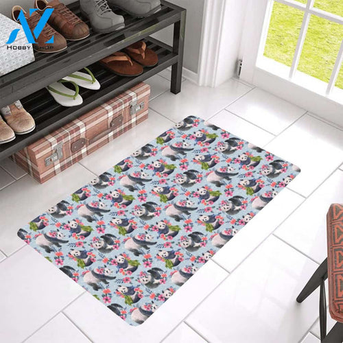 Panda Bear Flower Design Themed Print Rubber Doormat
