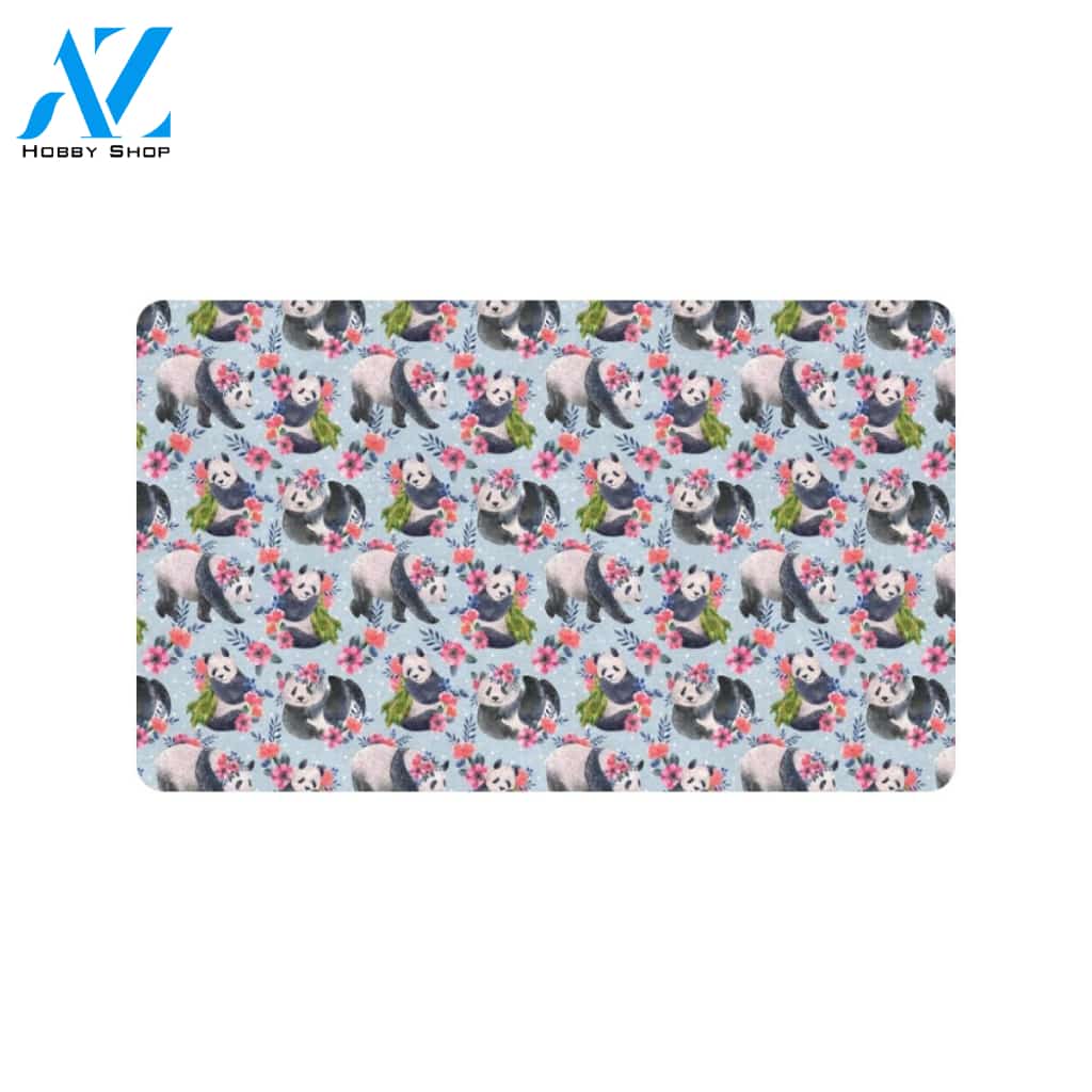 Panda Bear Flower Design Themed Print Rubber Doormat