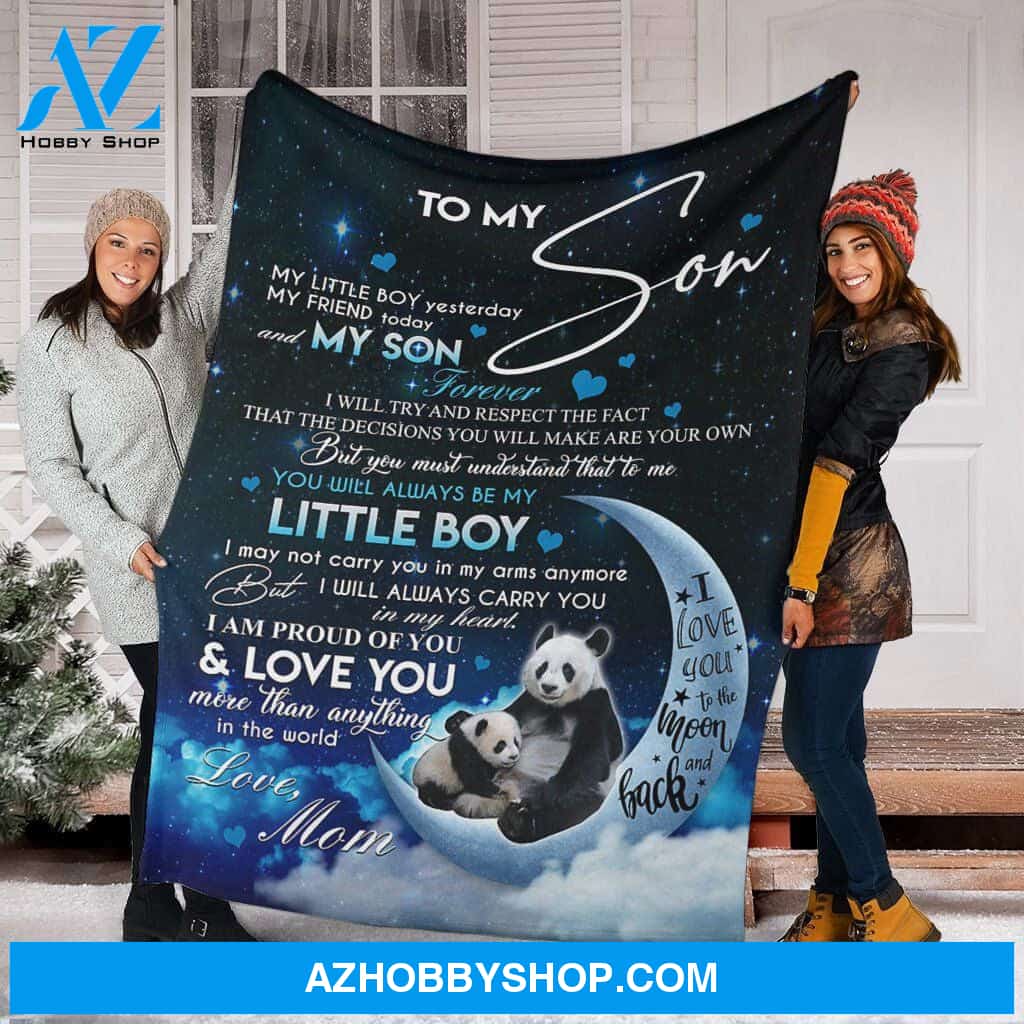 Personalized Panda Fleece Blanket From Mom To Son. I Am Proud Of You Great Customized Gifts For Birthday Christmas Thanksgiving Graduation, Maturity Ceremony, Wedding