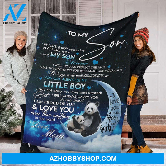 Personalized Panda Fleece Blanket From Mom To Son. I Am Proud Of You Great Customized Gifts For Birthday Christmas Thanksgiving Graduation, Maturity Ceremony, Wedding