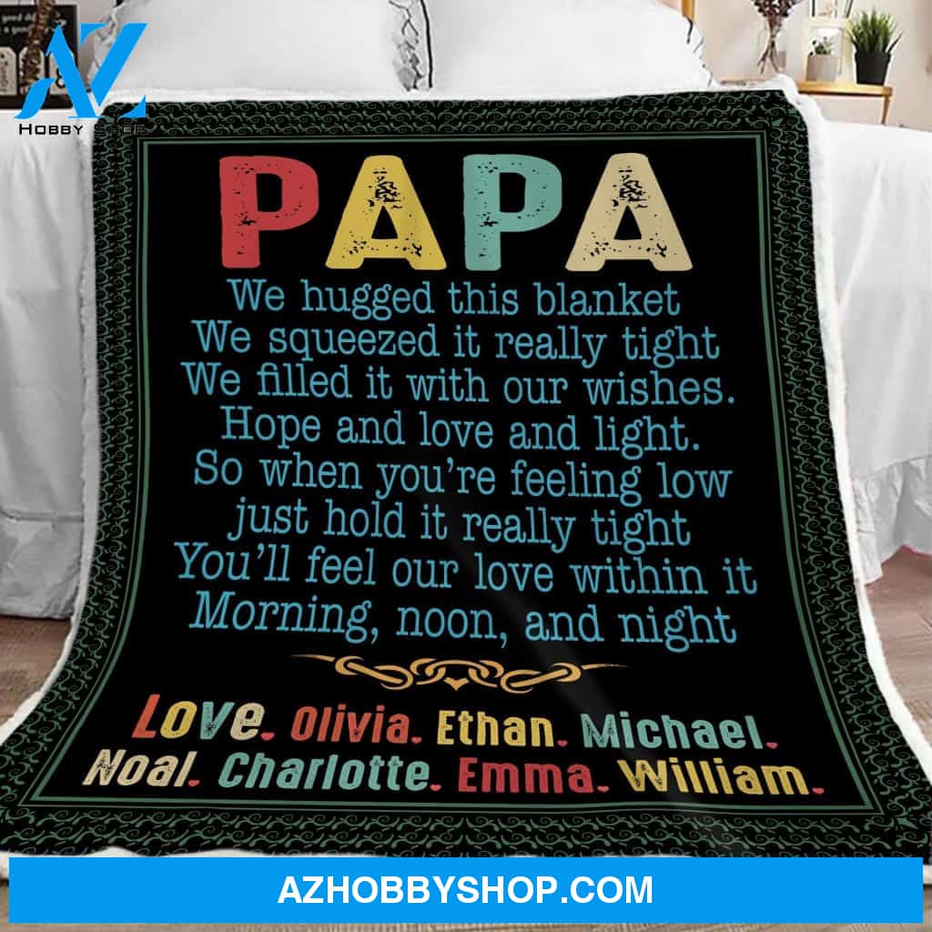 Papa Blanket With Grandkids Names, Papa Black Sherpa Blanket, Papa Black Fleece Blanket