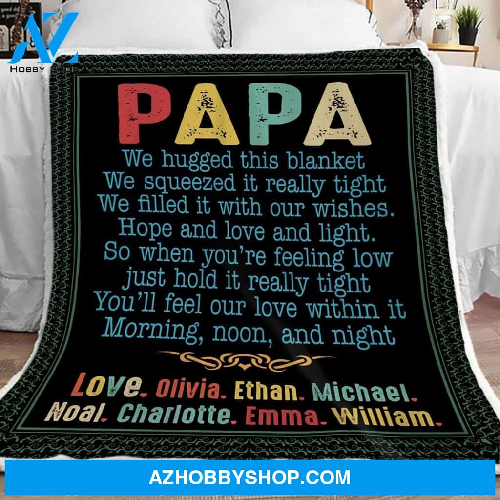 Papa Blanket With Grandkids Names, Papa Black Sherpa Blanket, Papa Black Fleece Blanket