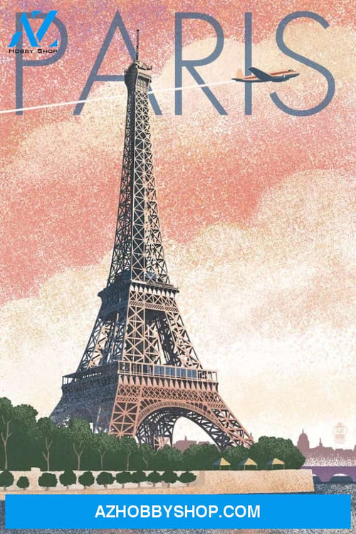 Paris France Eiffel Tower And River Lithograph Style