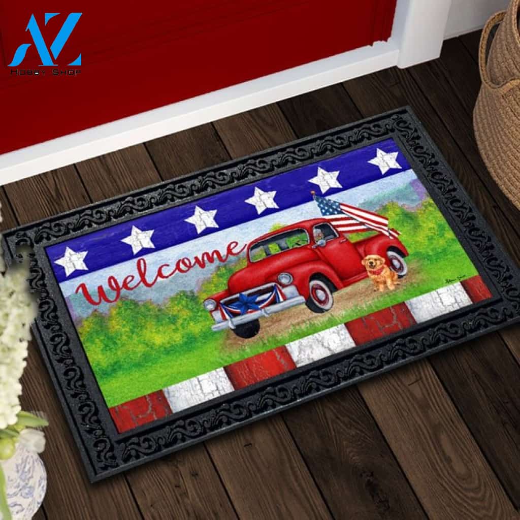 Patriotic Red Truck Welcome Doormat - 18" x 30"