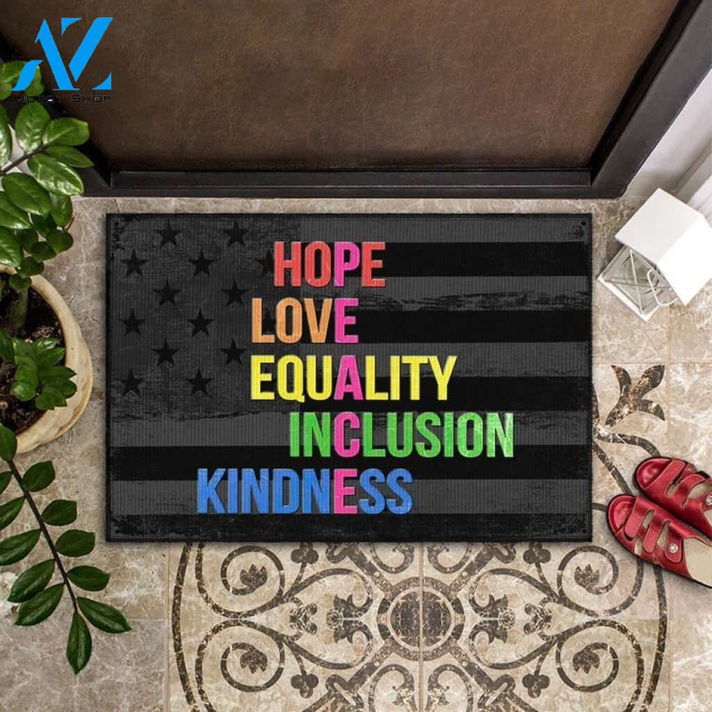 Peace Doormat, Hope - Love - Equality - Inclusion - Kindness, Black American Flag Doormat Welcome Mat House Warming Gift Home Decor Funny Doormat Gift Idea