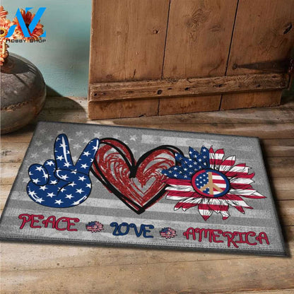 Peace Love America, Sunflower American, Peace Sign Doormat Welcome Mat House Warming Gift Home Decor Funny Doormat Gift Idea