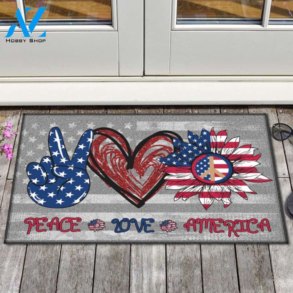 Peace Love America, Sunflower American, Peace Sign Doormat Welcome Mat House Warming Gift Home Decor Funny Doormat Gift Idea