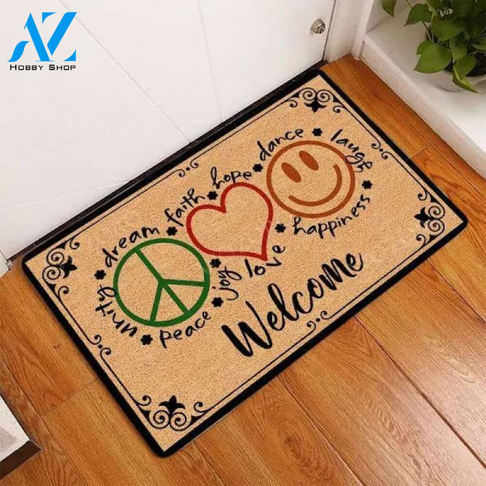 Peace Love Happiness Welcome Hippie Doormat Welcome Mat Housewarming Gift Home Decor Funny Doormat Gift Idea For Friend Gift For Family