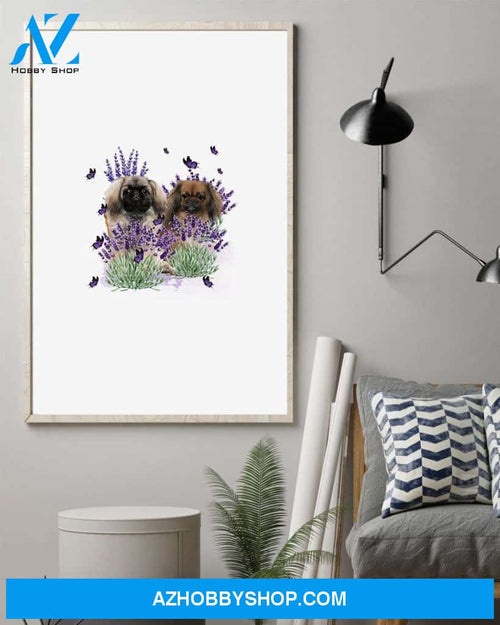 Pekingese With Lavender flower poster