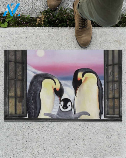 Penguin In Spring Garden Window Indoor And Outdoor Doormat Gift For Penguin Lovers Birthday Gift Decor Warm House Gift Welcome Mat