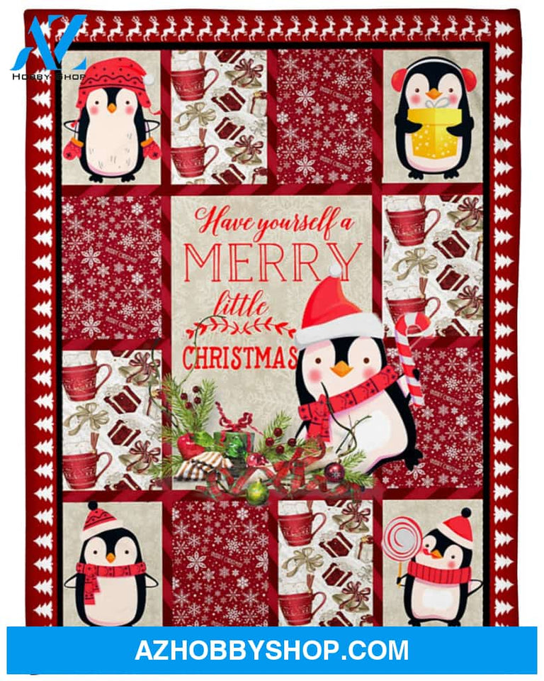 Penguin Merry Little Christmas Fleece Blanket Gift For Penguin lovers Gift For Friend Home Decor Bedding Couch Sofa Soft And Comfy Cozy