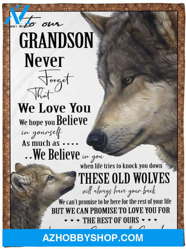Personalised Custom Name Grandparent To Grandson Blanket, To My Grandson From Grandpa And Grandma Wolf Family White Fleece Blanket | Christmas Throws Blanket, Family Love Blanket, Birthday Blanket