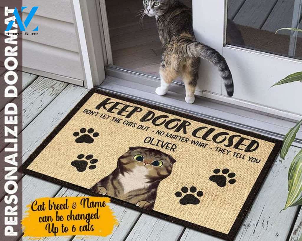 Personalised Keep Door Closed Pet Doormat, Don't Let The Cats Out Welcome Mat, Funny Doormat, Housewarming gift, Cat lover gift