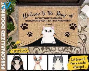 Personalised Welcome To Cat Home doormat, Tiny Furry Overlord, gift for Cat Lovers, Housewarming Doormat gift, Human Servant Cat Doormat