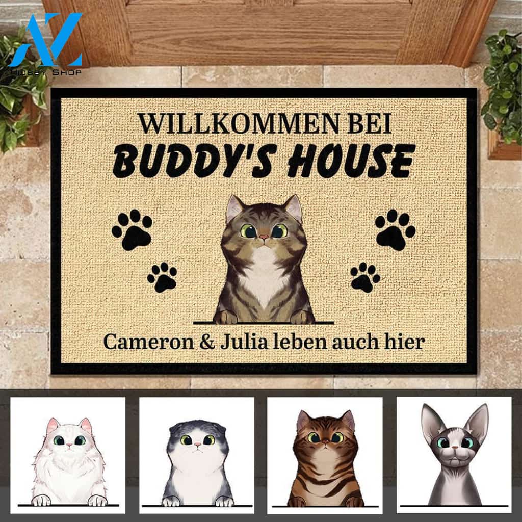 Personalisiert Willkommen bei Katze Haus German - Funny Personalized Cat Doormat 