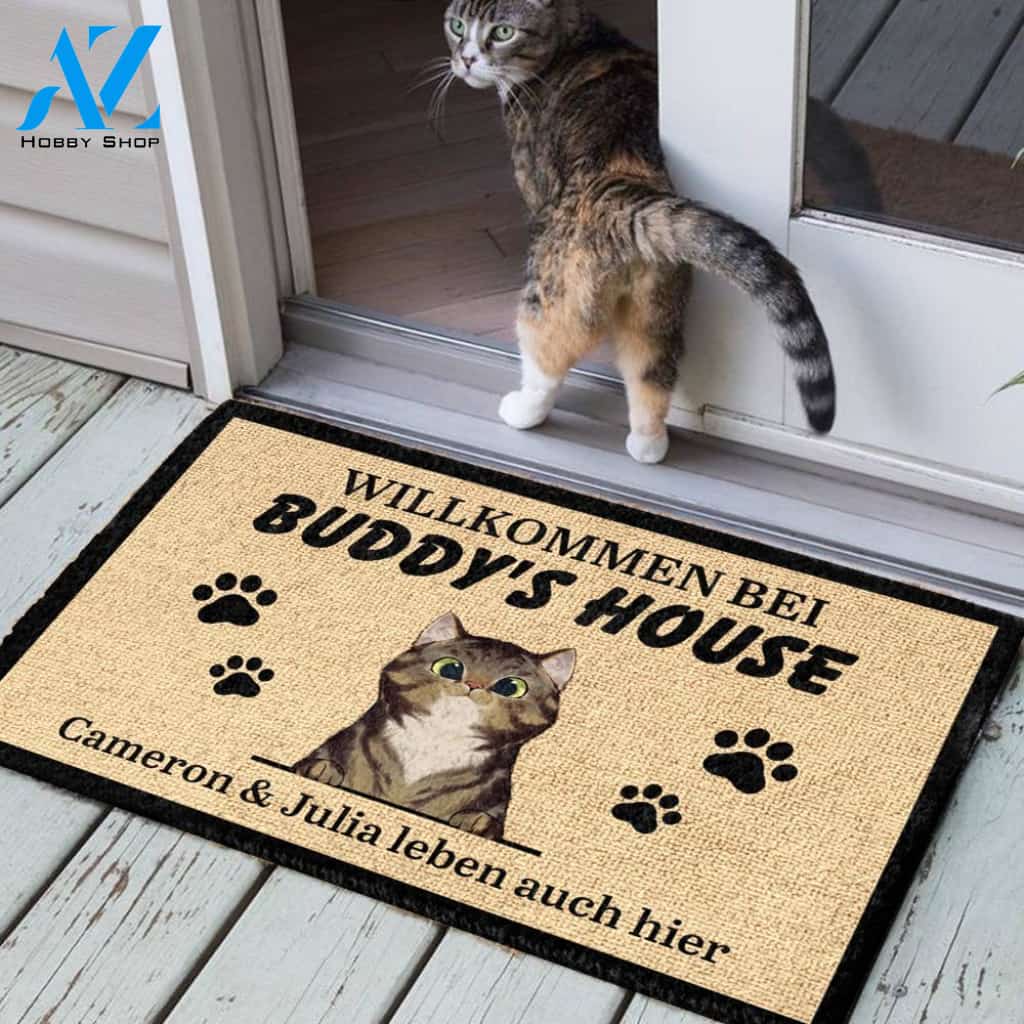 Personalisiert Willkommen bei Katze Haus German - Funny Personalized Cat Doormat (WT) | WELCOME MAT | HOUSE WARMING GIFT