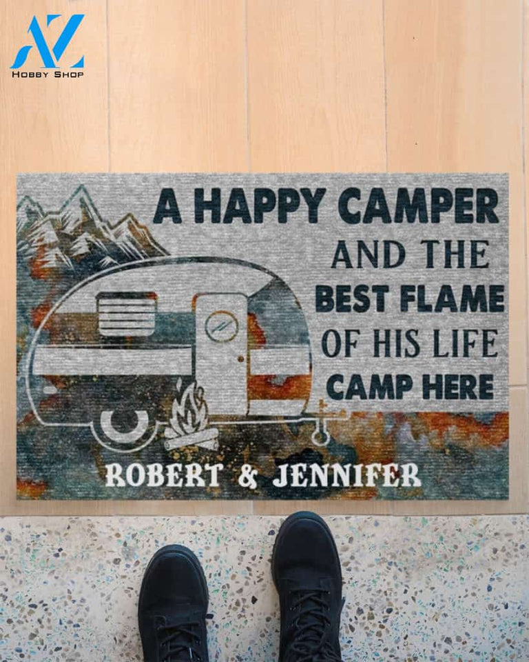 Personalized A happy camper and the best flame of his life camp here doormat