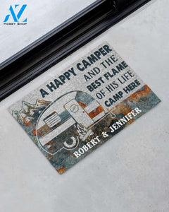 Personalized A happy camper and the best flame of his life camp here doormat