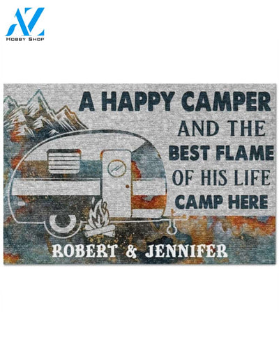 Personalized A happy camper and the best flame of his life camp here doormat