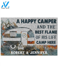 Personalized A happy camper and the best flame of his life camp here doormat