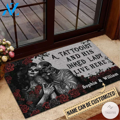 Personalized A Tattooist And Inked Lady Live Here Skull Doormat