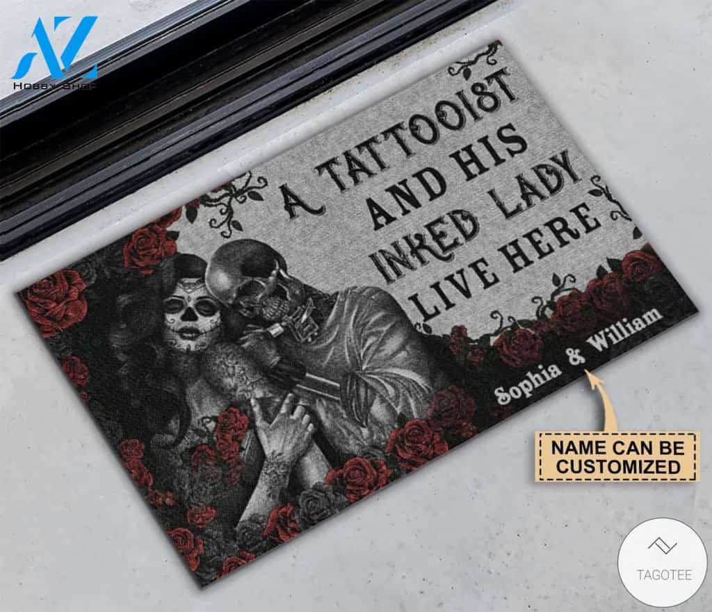 Personalized A Tattooist And Inked Lady Live Here Skull Doormat