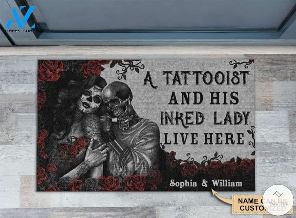 Personalized A Tattooist And Inked Lady Live Here Skull Doormat