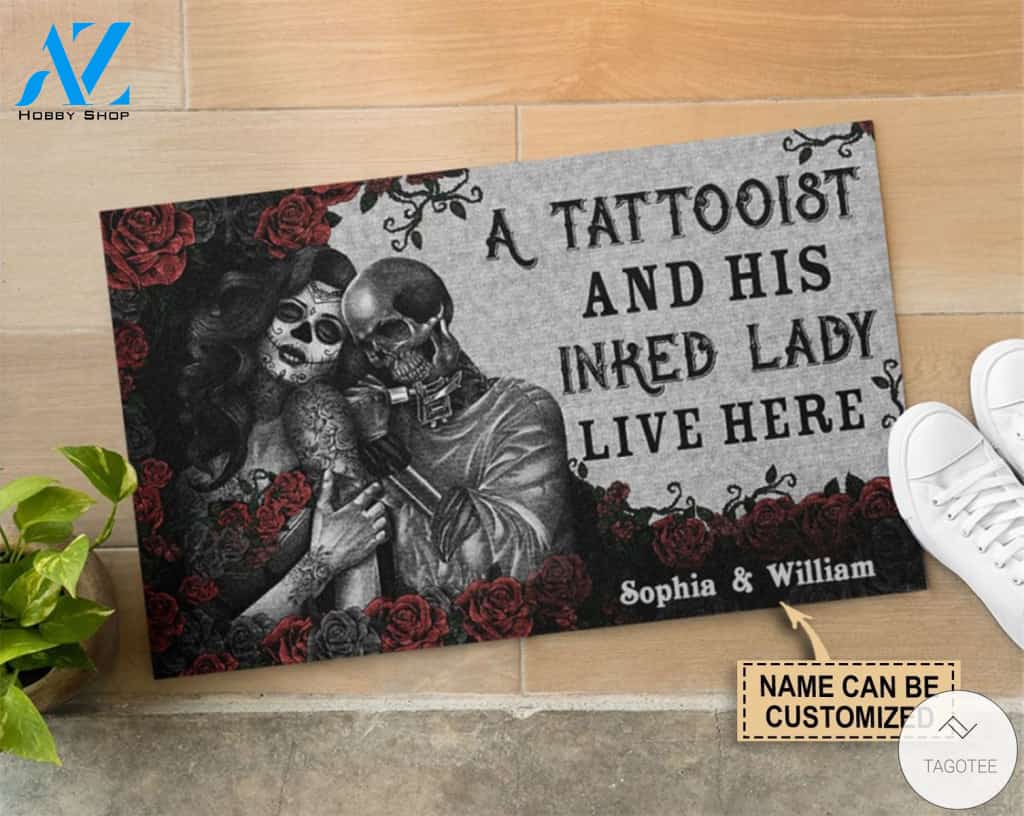 Personalized A Tattooist And Inked Lady Live Here Skull Doormat
