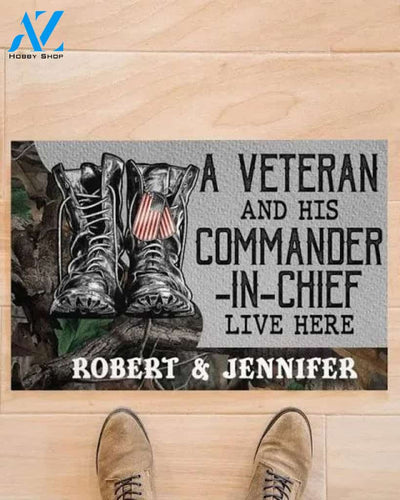 Personalized A Veteran And His Commander In Chief Live Here Couple Doormat Welcome Mat Housewarming Gift Home Decor Best Gift Idea For Veteran