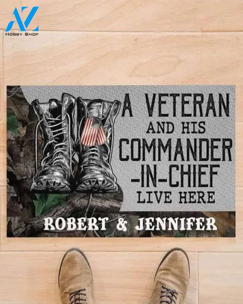 Personalized A Veteran And His Commander In Chief Live Here Couple Doormat Welcome Mat Housewarming Gift Home Decor Best Gift Idea For Veteran