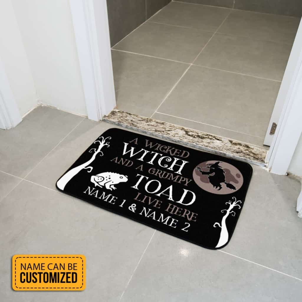 Personalized A Wicked Witch And A Grumpy Toad Custom Name Halloween Spooky Doormat Welcome Mat