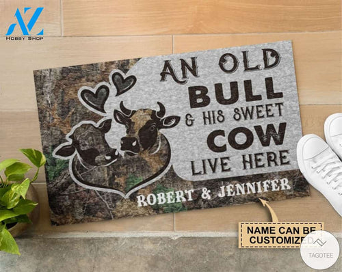Personalized An Old Bull And His Sweet Cow Live Here Doormat