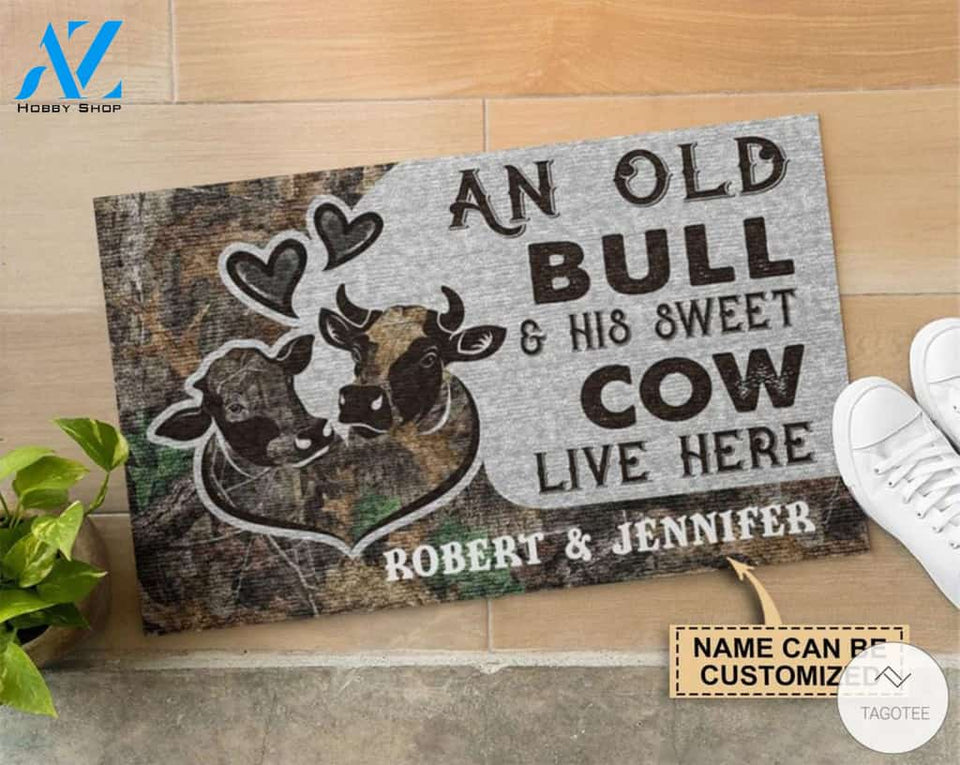 Personalized An Old Bull And His Sweet Cow Live Here Doormat