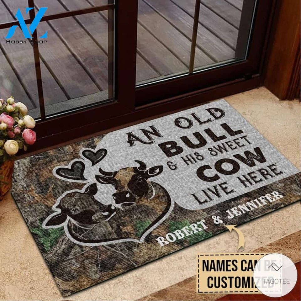 Personalized An Old Bull And His Sweet Cow Live Here Doormat