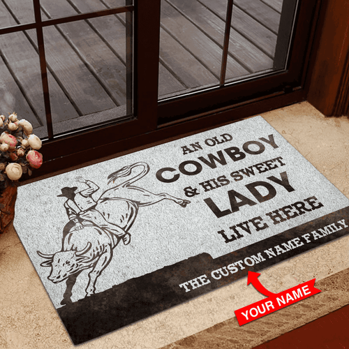 Personalized An Old Cowboy And His Lady Bull Riding Custom Name Doormat Welcome Mat