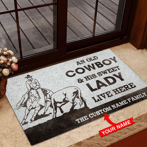 Personalized An Old Cowboy And His Lady Cutting Horse Custom Name Doormat Welcome Mat