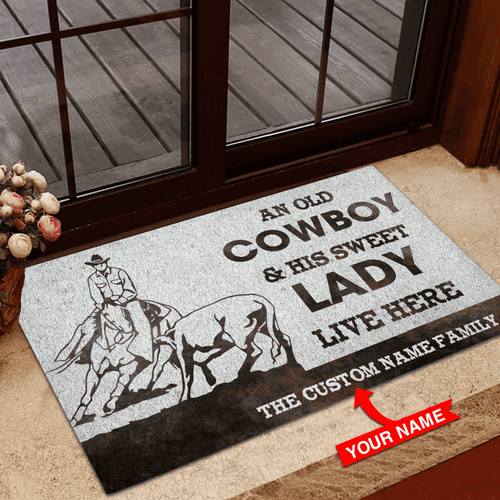 Personalized An Old Cowboy And His Lady Cutting Horse Custom Name Doormat Welcome Mat