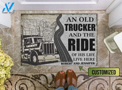 Personalized An Old Trucker And The Ride Of His Life Live Here Vehicle Doormat Indoor And Outdoor Mat Sweet Home Decor Gift for Friend Family Birthday New Home