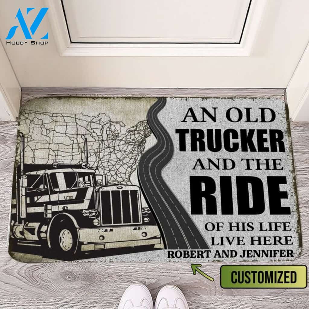 Personalized An Old Trucker And The Ride Of His Life Live Here Vehicle Doormat Indoor And Outdoor Mat Sweet Home Decor Gift for Friend Family Birthday New Home
