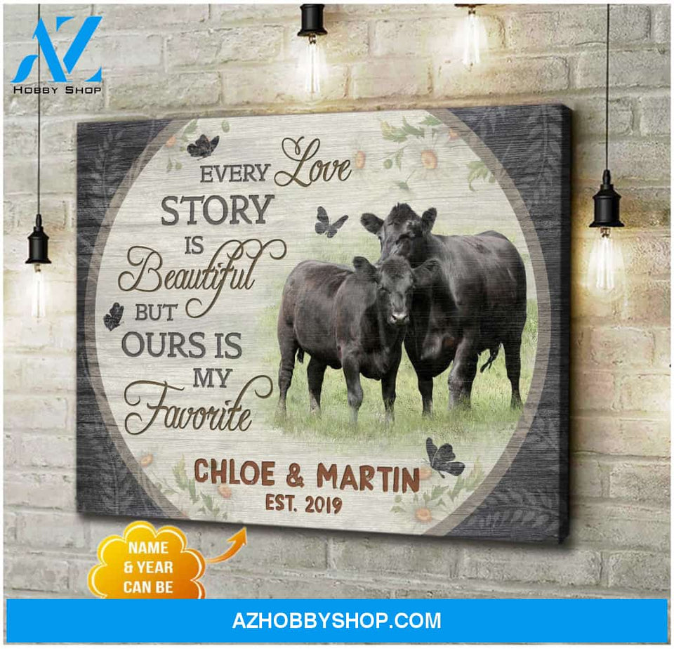 Personalized Angus Cow Every Love Story Is Beautiful Gift For Couple Canvas Wall Art Decor