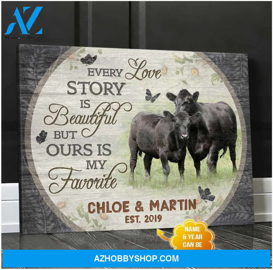 Personalized Angus Cow Every Love Story Is Beautiful Gift For Couple Canvas Wall Art Decor