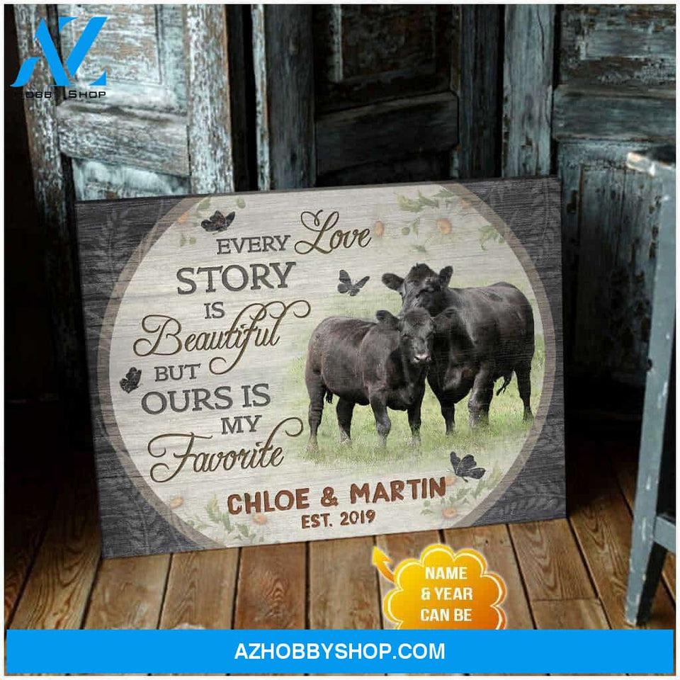Personalized Angus Cow Every Love Story Is Beautiful Gift For Couple Canvas Wall Art Decor